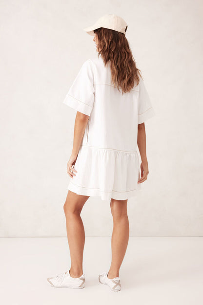 Short Sleeve Tiered Pocket Shirt Dress - Ecru