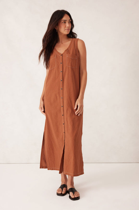 Button Through Midi Shift Dress - Burnt Caramel