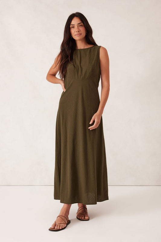 Bias Textured Cotton Midi Dress - Deep Olive