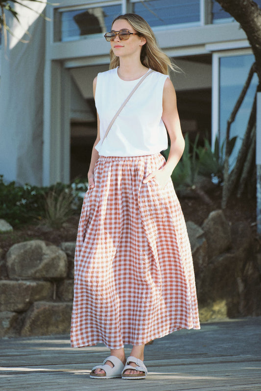 Gingham Maxi Skirt - Burnt Caramel