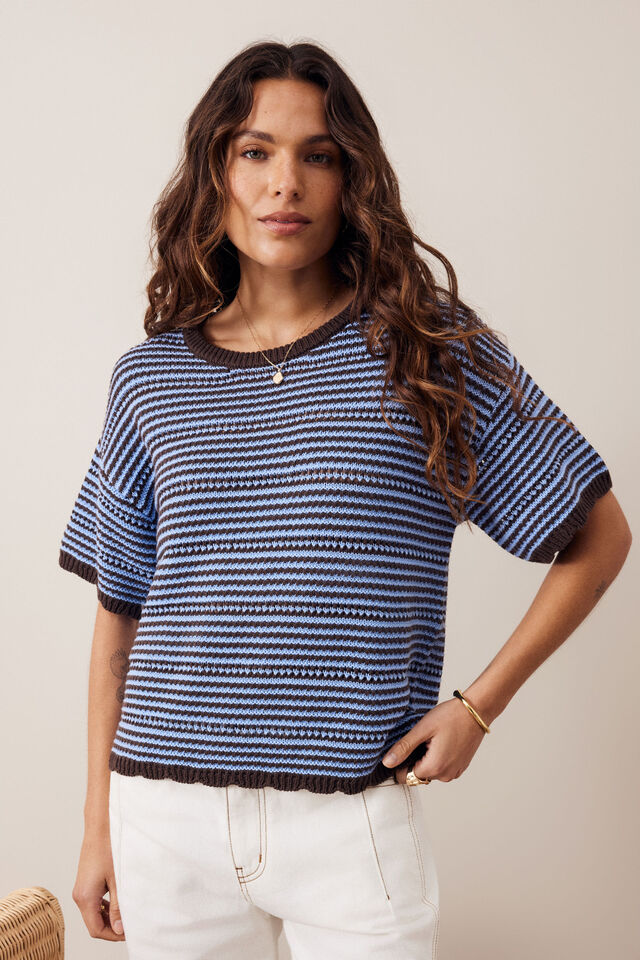 Nina Boxy knit - Brunette Sky Blue Stripe