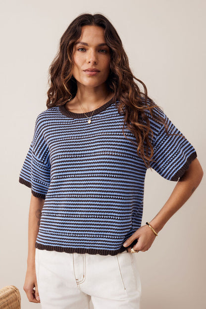 Nina Boxy knit - Brunette Sky Blue Stripe