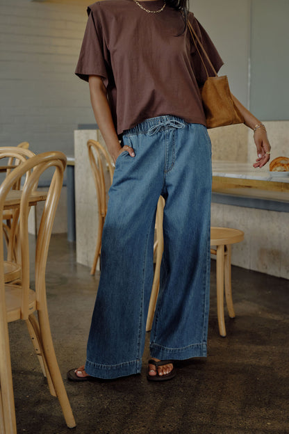 Andie Wide Leg Drawstring Pant- Fresh Indigo