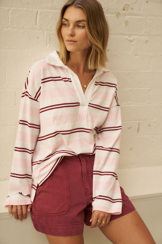 Shelby Slouchy Rugby Top - Sunfaded Pink Mulberry Stripe