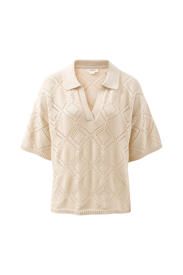 Demi Diamond Knit Collared Tee - Ecru