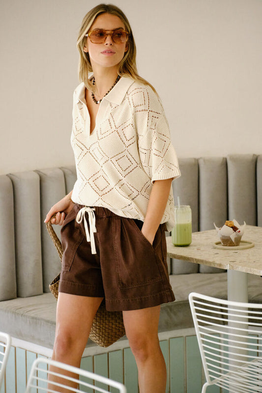 Demi Diamond Knit Collared Tee - Ecru