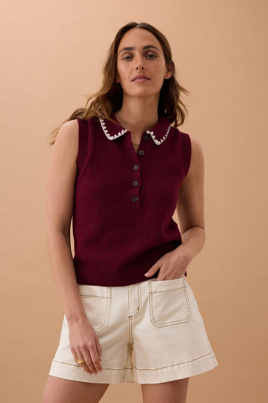 Cora Collared Button Knit - Pomegranate