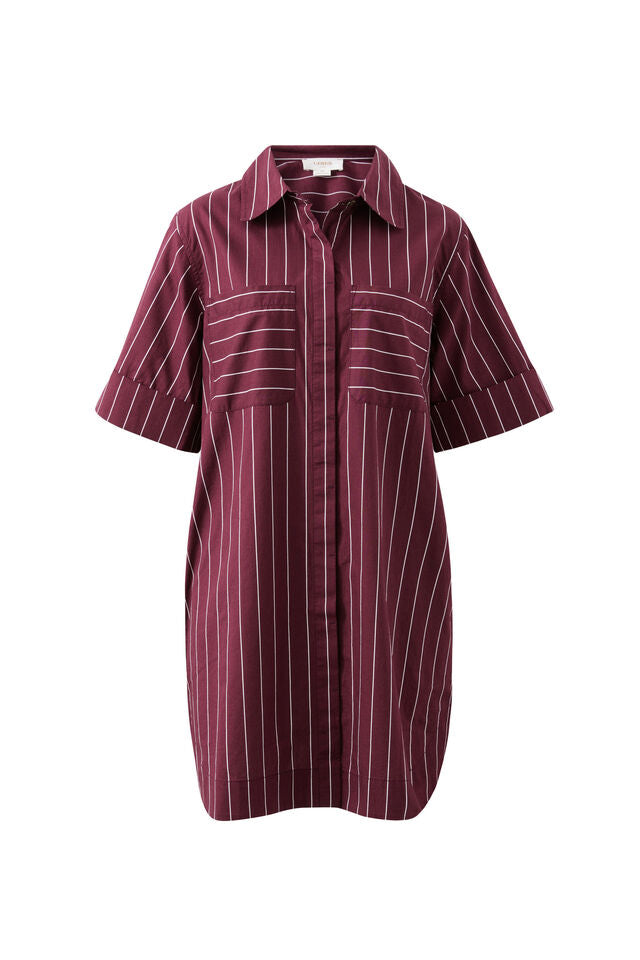 Sara Mini Shirt Dress - Wine Pin Stripe