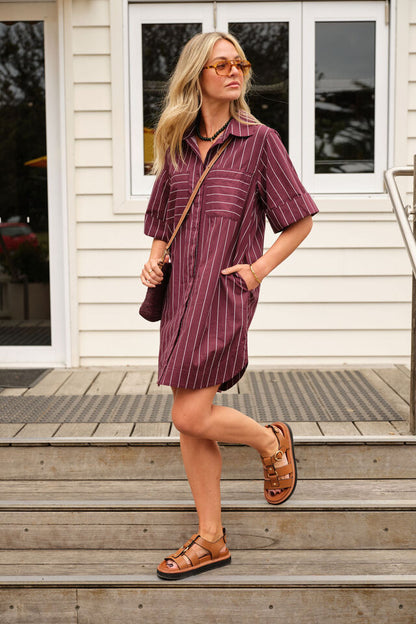 Sara Mini Shirt Dress - Wine Pin Stripe