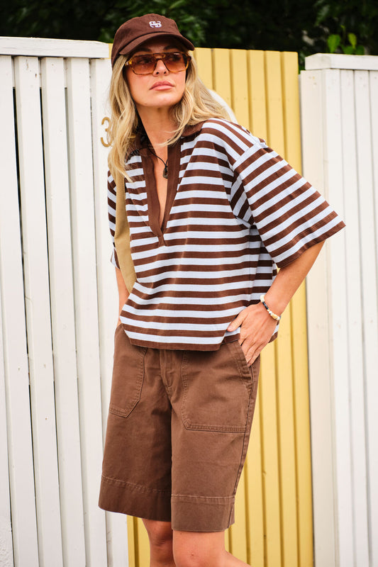 Arlie Short Sleeve Rugby - Chocolate Chalk Stripe