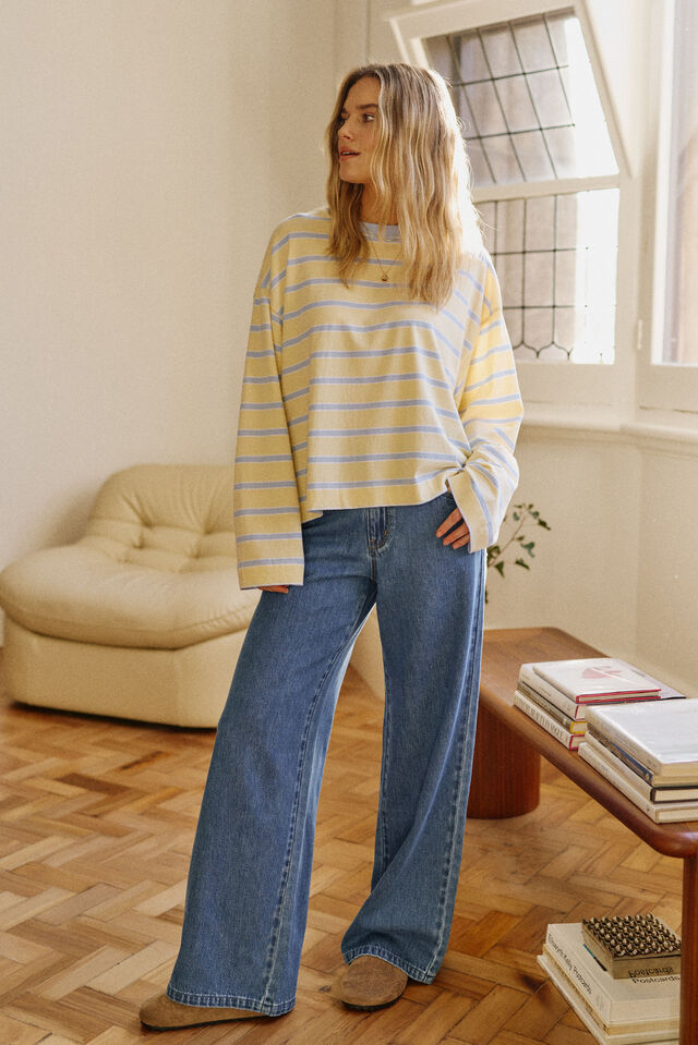 Beau Long Sleeve Slouchy - Butter China Blue Stripe
