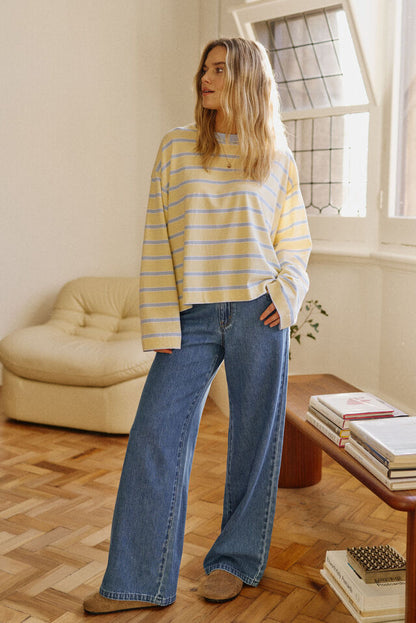 Beau Long Sleeve Slouchy - Butter China Blue Stripe