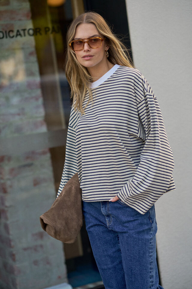 Beau Long Sleeve Slouchy - Navy Butter Stone Stripe
