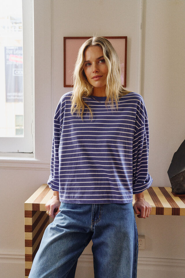 Beau Long Sleeve Slouchy - Polo White Stripe