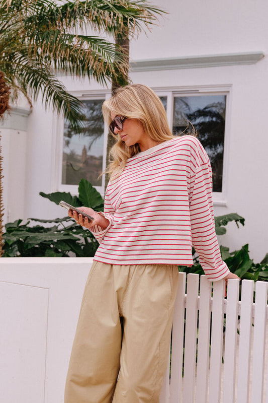 Beau Long Sleeve Slouchy - Buff Red Stripe