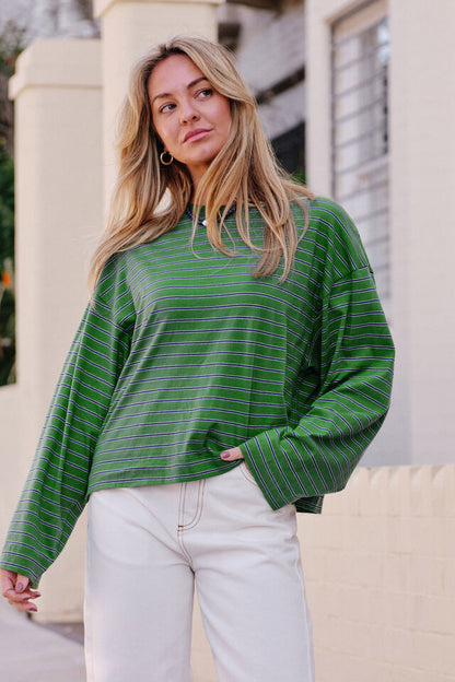Beau Long Sleeve Slouchy - Basil Prussian Blue Stripe