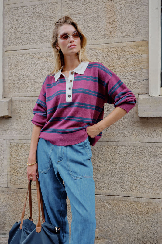 Jessa Rugby Knit - Washed Burgundy Stripe