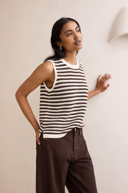 Maddy Mesh Knit Tank - Brunette Stripe