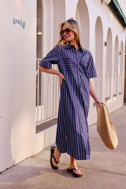 Samara Midi Shirt Dress - Prussian Blue Stripe