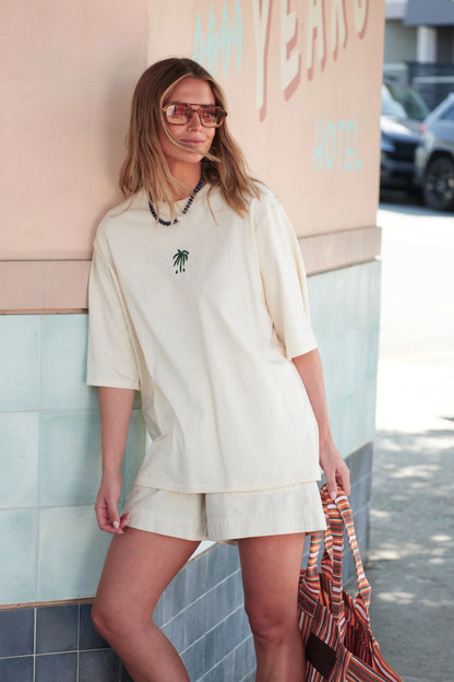 Luna Relaxed Tee - Buff True Navy Embroidery