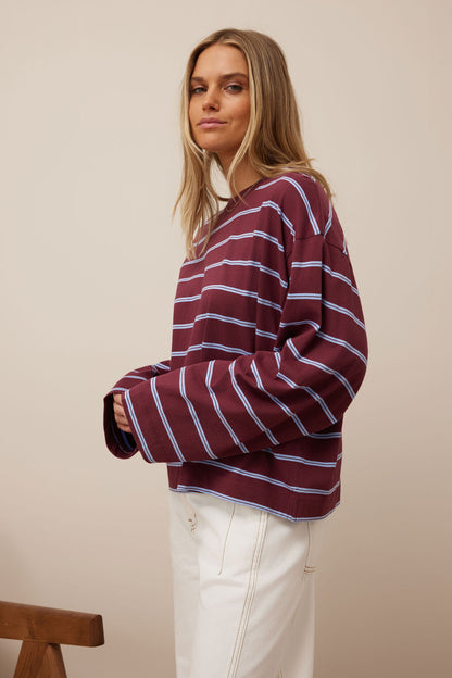 Beau Long Sleeve Slouchy - Burgundy, Sky Blue