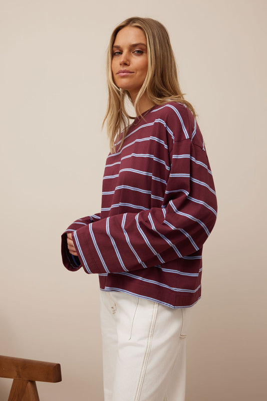 Beau Long Sleeve Slouchy - Burgundy, Sky Blue