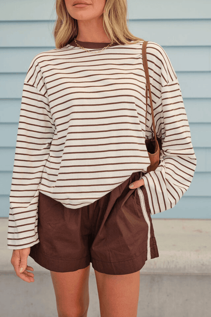 Beau Long Sleeve Slouchy - Milk Brunette Brown Stripe