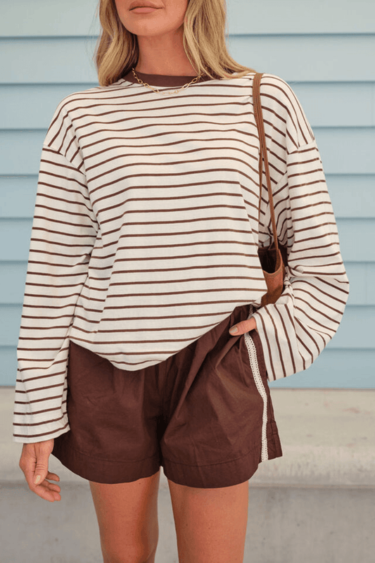 Beau Long Sleeve Slouchy - Milk Brunette Brown Stripe