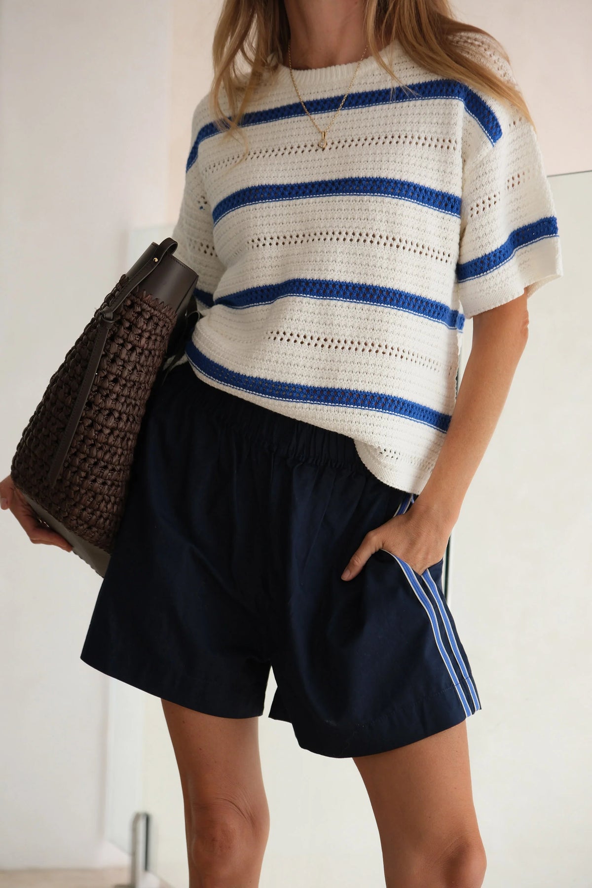 Nellie Boxy Knit Tee - Blue Stripe