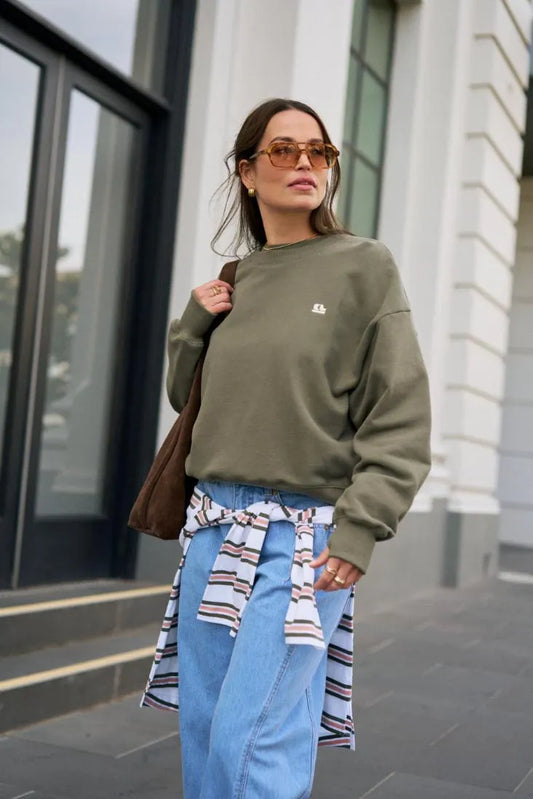 Quinn Slouchy Crew - Washed Olive